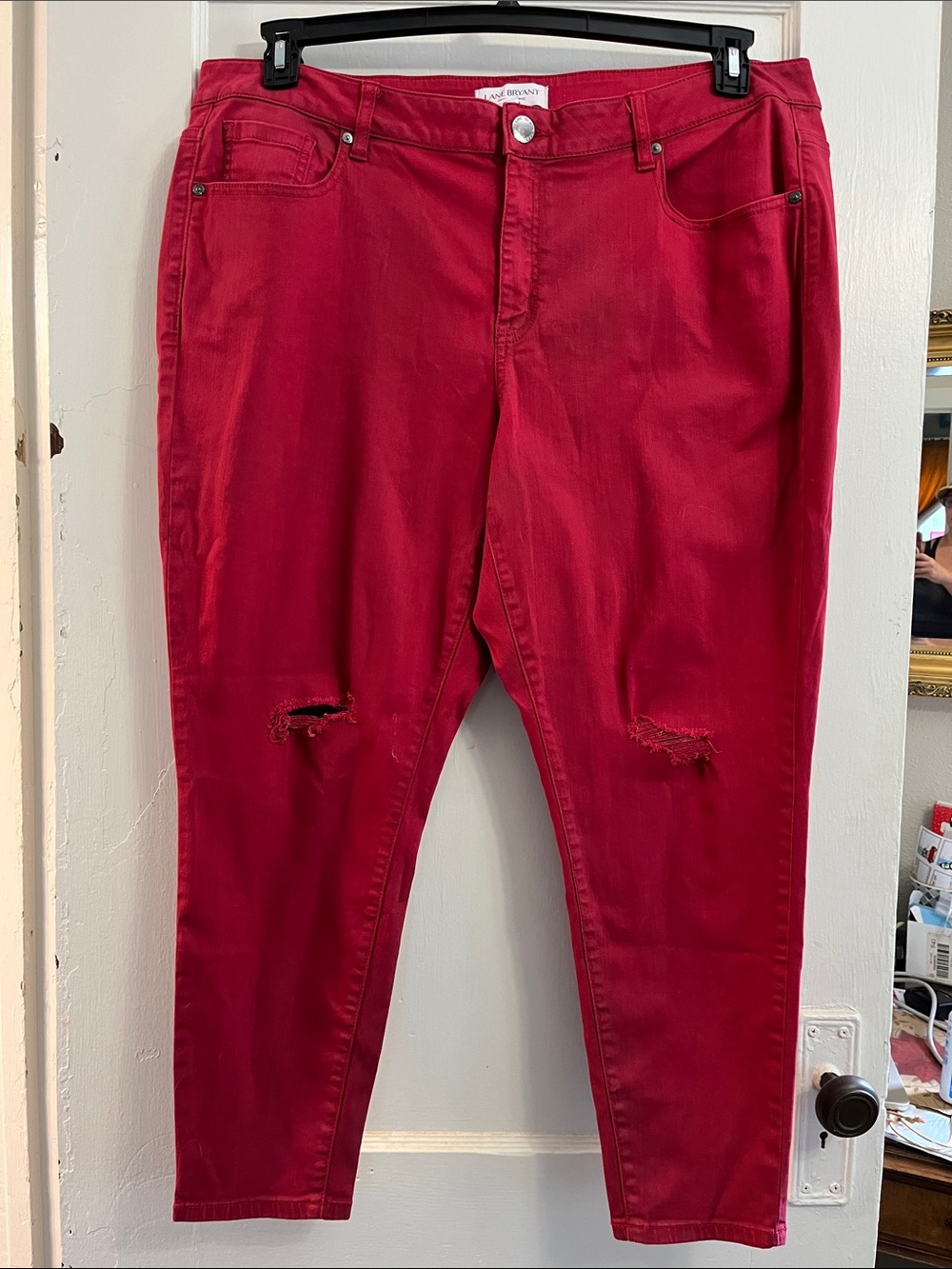 Lane Bryant Deep Red Skinny Jeans with Knee Distressing
